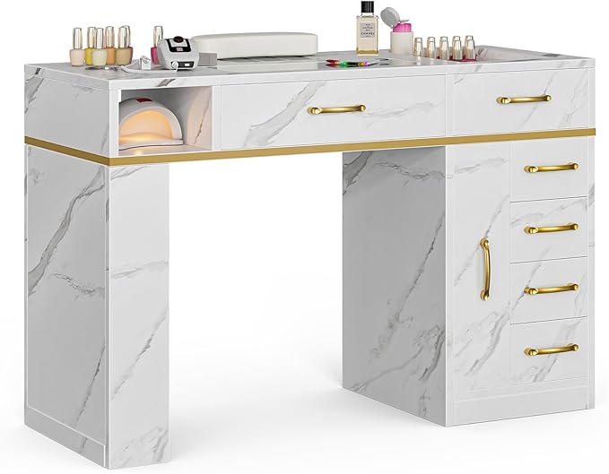 Nail Tech Table with Dust Collector, Glass Top Manicure Table Nail Desk Station w/7 Drawers & 3-Tiers Open Shelves, Nail Beauty Workstation w/Wrist Cushion & Golden Handles（Marble Color）