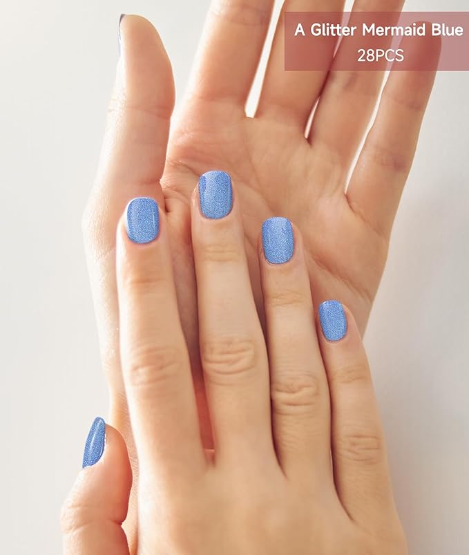 Semi Cured Gel Nail Strips (Glitter Mermaid Blue), 28 pcs UV Gel Nail Stickers for Women Work with Any UV Lamps, Salon Quality Nails Wraps for Home DIY Nails Art