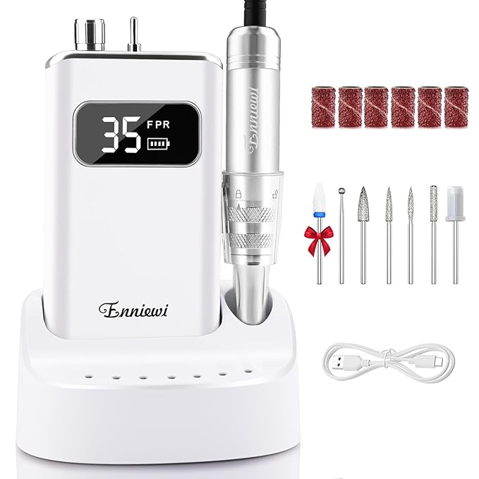 Electric Nail Drill File, Professional Portable Nails Drills Kit with Rechargeable Base 7 uñas Bits, Cordless Efile for Poly Gel Acrylic Nails Remover Home Salon Pedicure Manicure Tool, White