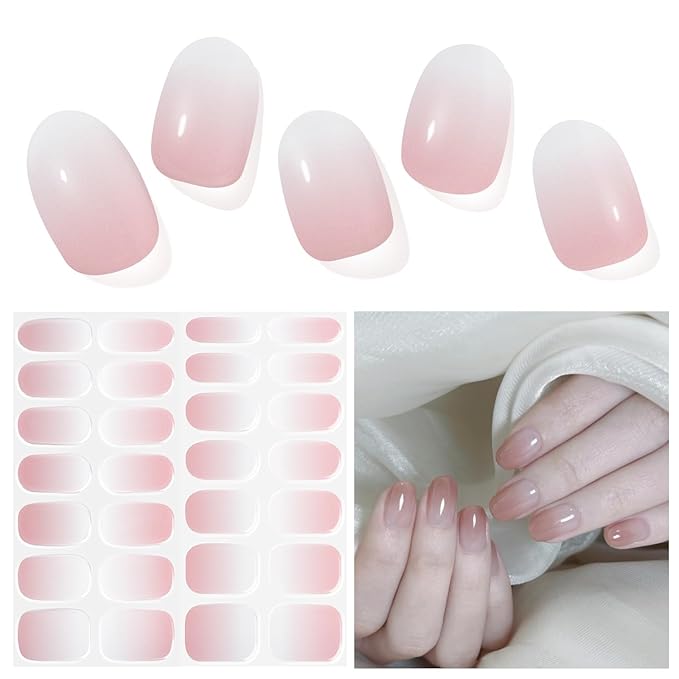 Semi Cured Gel Nail Strips, Pink Gradient | 28pcs Real Polish Art Stickers/Wraps, Includes Prep Pads, File & Wood Stick, for Women Girls Kids DIY Gift