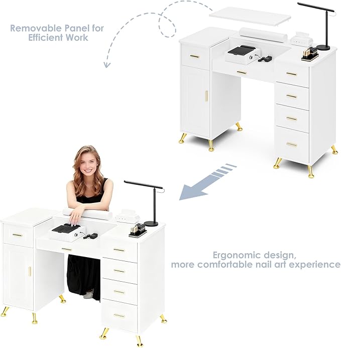 Manicure Table with Removable Panel, Nail Tech Desk with Dust Collector, Drawers & Storage, Nail Station for Salon or Home Studio (White)