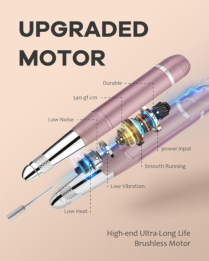 45000 RPM Nail Drill - Brushless Cordless Efile LCD Display & Heat Reduction Tech for Acrylic Gel Nails (Pink)