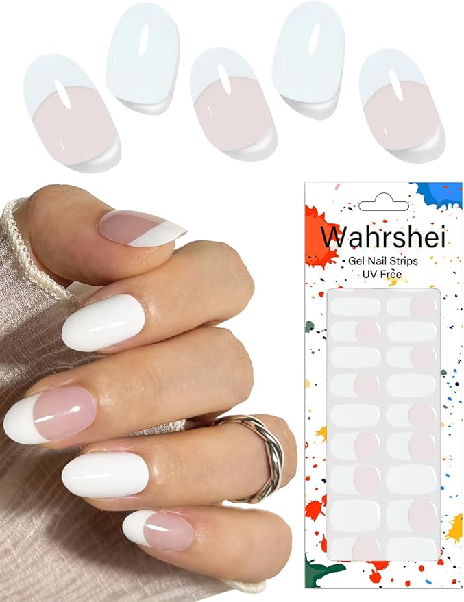 Gel Nail Strips No UV, French White, UV Free, Long Lasting Gel Stickers - Contains 22 Wraps, 1 Prep Pad, 1 File