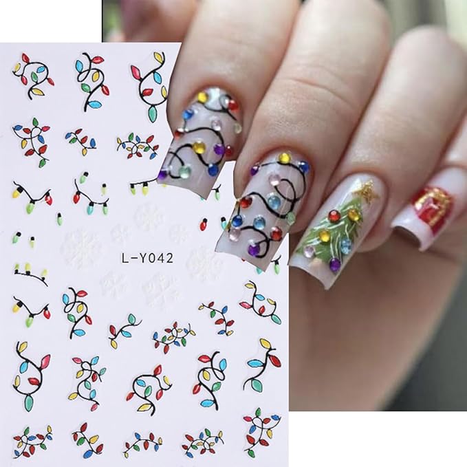 6 Sheets Christmas Nail Stickers 5D Embossed Holly Nail Art Stickers Snowflake Xmas Tree Santa Claus Candy Cane Designs Colorful Light String Nail Decals for Women DIY Acrylic Manicure Decoration
