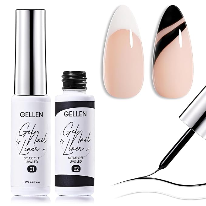 GELLEN 2 Pcs 10ml Black White Liner Gel Nail Polish, Classic Soak off Nail Lamp Nail Art Paint Gel with Thin Nail Art Brush for Euphoria Nail French Manicure