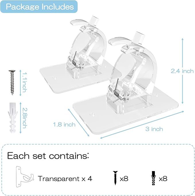 CIEMGNZOC 4PCS No Drill Curtain Brackets, Self-Adhesive Rod Holders, Adjustable Hooks for Rods Under 1.57 Inch (Transparent)