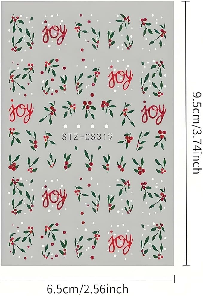Christmas Nail Art Stickers Decals Red Green Holly Leaf Winter Nail Decals 6PCS Holly Leaves Joy Design 3D Self-Adhesive Xmas Nail Decals Nail Art Supplies for Holiday New Year Manicure Decorations