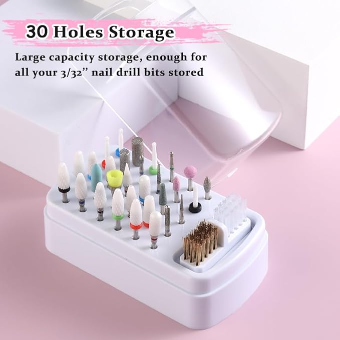 2 in 1 Nail Drill Bits Holder and Nail Drill Bits Cleaner Brush Case, 30 Holes Dustproof Stand Display Organizer Container with Steel Wire & Nylon Double Brush Manicure Drill Clean Tools
