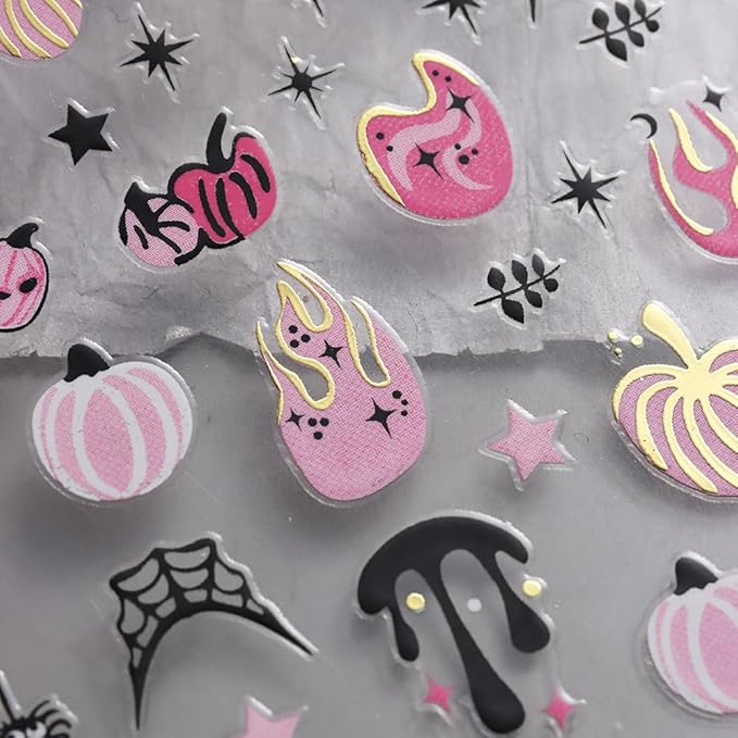 8Sheets Halloween Nail Art Stickers Cute Ghost Pumpkin 3D Self-Adhesive Nail Decals Spider Web Blood Flame Designs Nail Decorations Fall Thanksgiving Nail Supplies for Women DIY Manicure Art