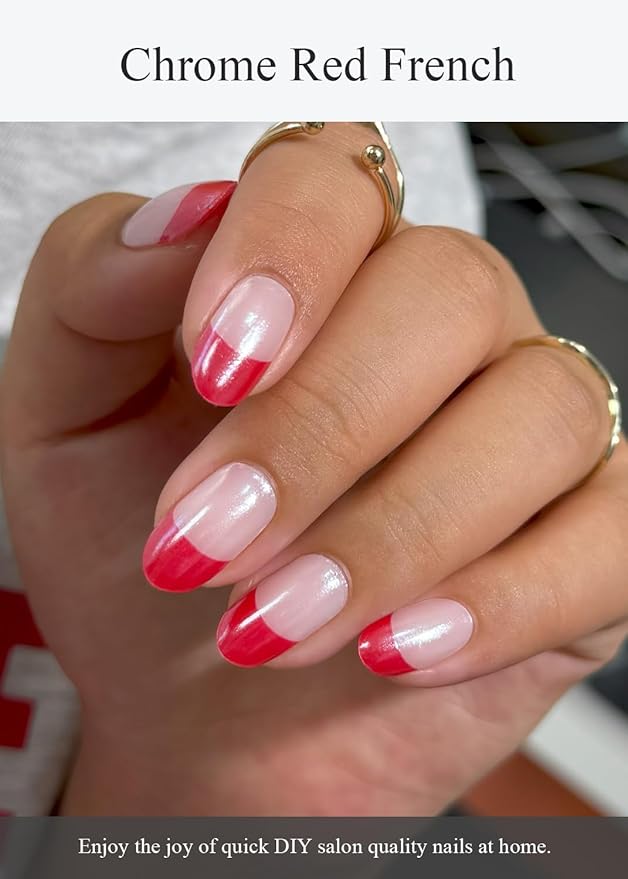 Semi Cured Gel Nail Strips (Chrome Red French), Glazed Donut, 30 Pcs Gel Nail Wraps, Stickers, UV Light Required
