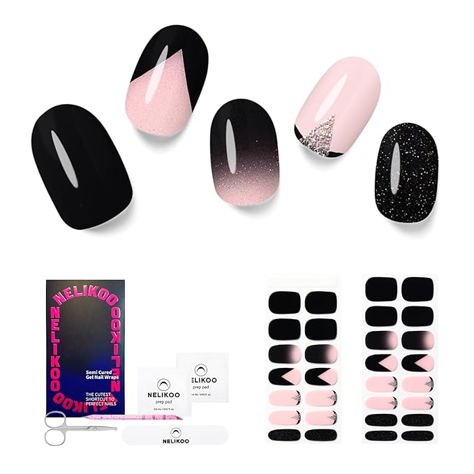 Semi Cured Gel Nail Strips - 30PCS Gel Nail Stickers for UV Light, Long-Lasting Gel Nail Wraps, Salon-Quality Semi Cured Nail Stickers, 2 Weeks Wear, Easy DIY Gel Manicure-Urban Noir