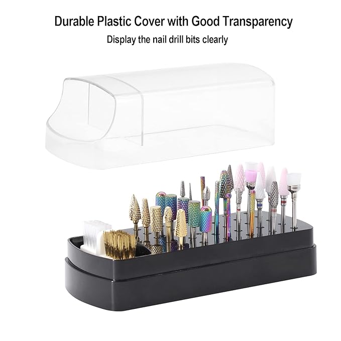 2 In 1 Nail Drill Bits Holder & Cleaning Brush Case,30 Holes Nail Bits Stand Organizer Container,Acrylic Drill Bits Display Storage Box Cleaner for Manicure (Not Include Nail Drill Bits) Black