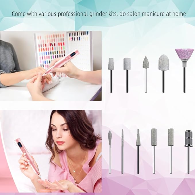 Pinkiou Electric Nail Drill, Cordless Electric Nail File ,Manicure Pedicure Kit for Acrylic,Gel Nails,Rechargeable Nail Drill,Professional Nail Grinder for Home Salon Use（Pink）