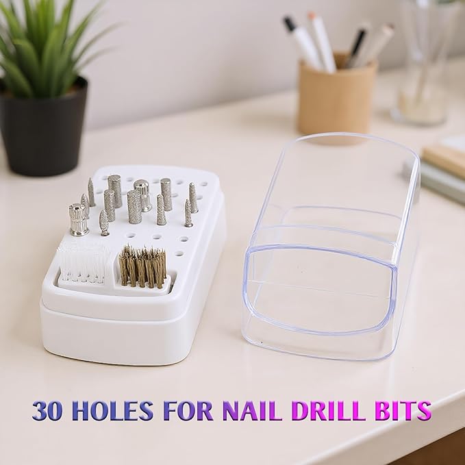 2 Pcs 2 In 1 Nail Drill Bit Holder, 30 Holes Case Tech Bits Cleaning Brush Organizer Professional Nail Tools Dustproof Stand Displayer Storage Box (Pink+White)