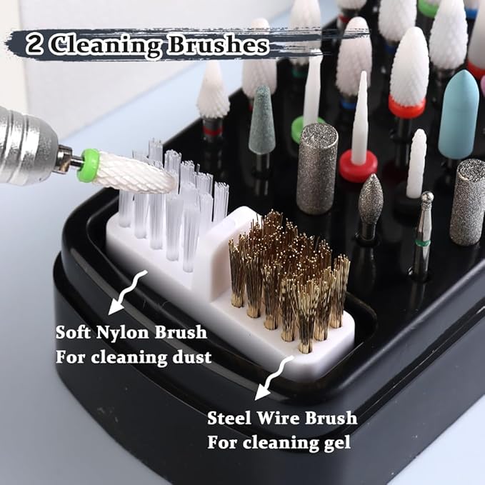 2 in 1 Nail Drill Bits Holder with Nail Drill Bits Cleanser, 30 Holes Dustproof Drill Bits Stand Display Storage Box, Steel Wire & Nylon Double Brush Manicure Drill Cleaning Tools for Home Salon