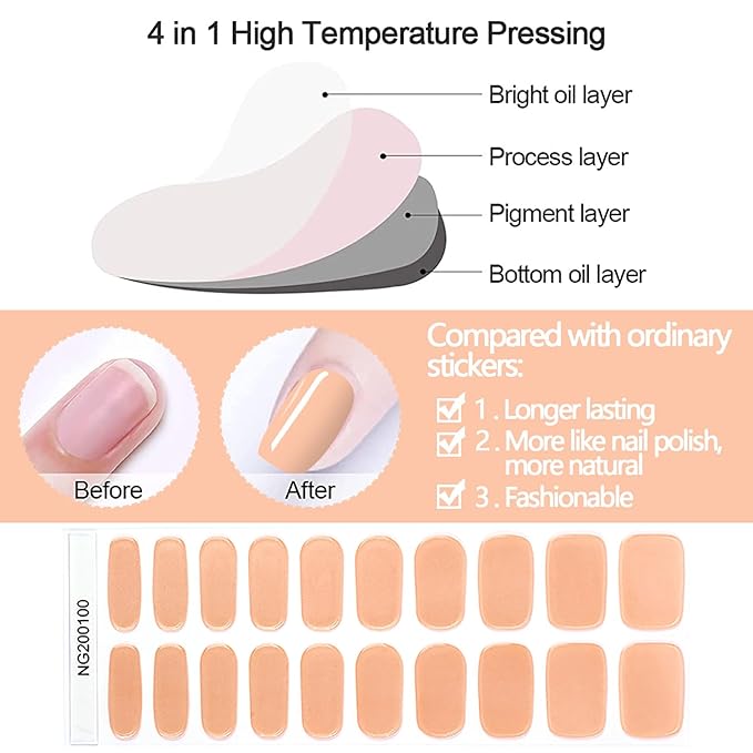 WOKOTO 20 Pcs Chrome Peach Pink Semi Cured Gel Nail Strips with Nail File & Wooden Stick Holographic Nail Gel Strips UV Light Gel Nail Stickers Full Nail Wraps Stick On Nails Color Strips for Women