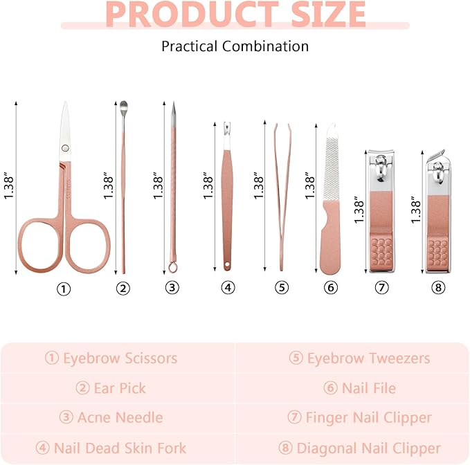 Lasnten 100 Bulk Nail Clipper Set Bulk Manicure Kit Stainless Steel Pedicure Professional Nail Care Kit with Travel Case Portable Grooming for Husband Men Women Family(Rose Gold,8 in 1)