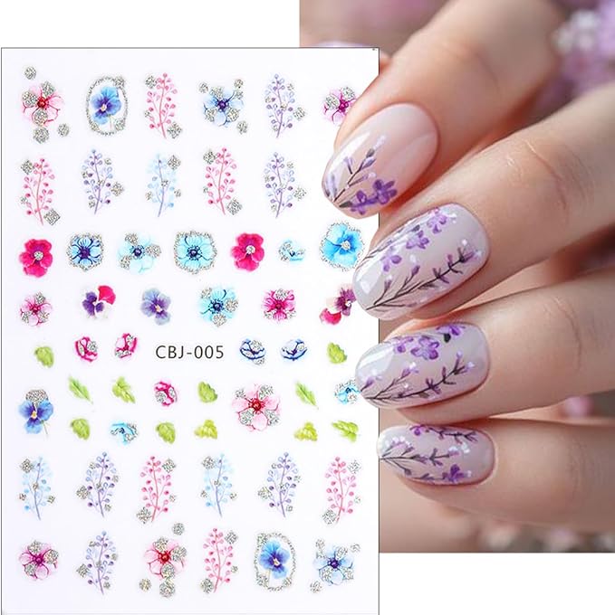 Flower Nail Art Stickers Decals 3D Silver Glitter Floral Nail Decals Spring Summer Leaf Rose Daisy Nail Stickers Colorful Cute Flower Nail Decoration Accessories for Women DIY Acrylic Nail 6Sheets