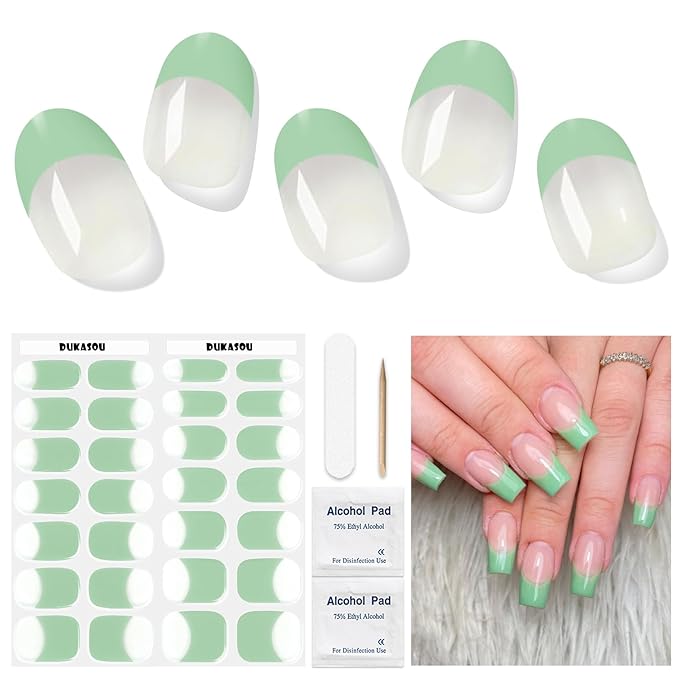Semi Cured Gel Nail Strips, Green French | 28 pcs Gel Nail Strips Work with Any UV Lamp, Salon Quality UV Nails Stickers, Easy to Apply for Home Nails DIY