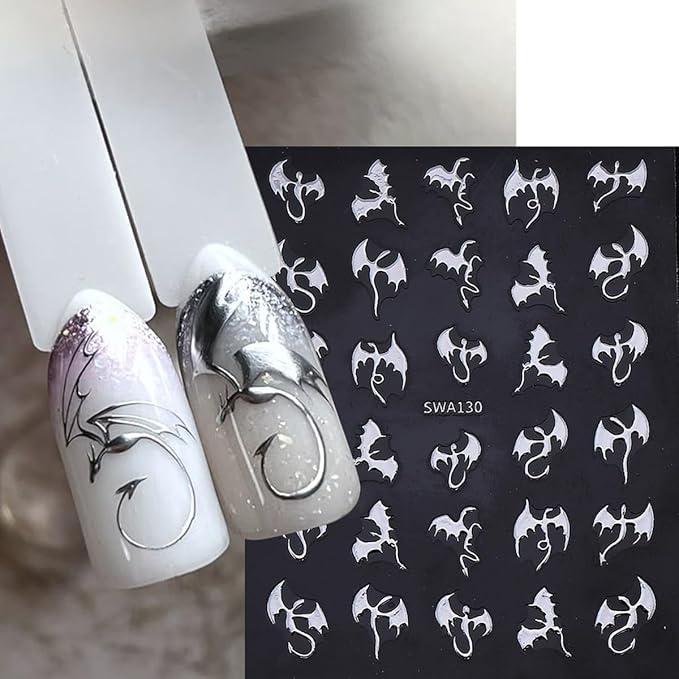 Halloween Nail Stickers 3D Metallic Dragon Nail Art Stickers 6PCS Laser Silver Gold Bronzing Fly Devil Bat Halloween Theme Design Self-Adhesive Nail Decals Accessories for Holiday Nail Art Decorations