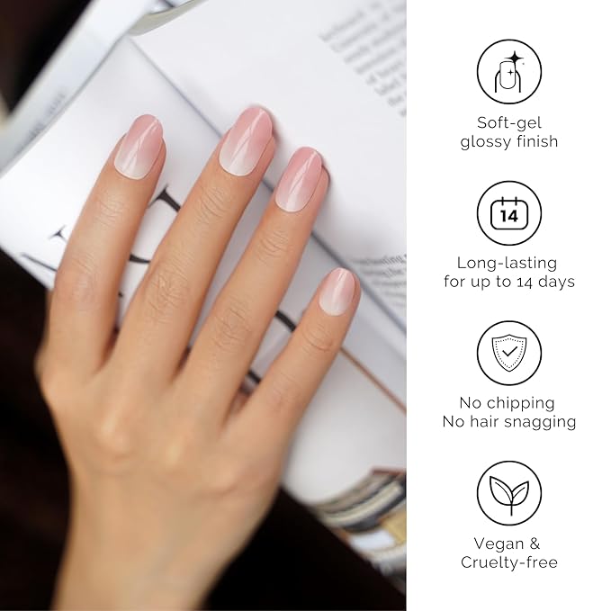 Semi Cured Gel Nail Strips - NAILOG 20 Pcs Clear Pink Gel Nail Stickers Extra Long Nail Wraps with Glossy Gel Finishing for Spring Summer Gradient Color, Tutu