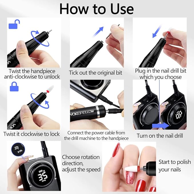YOKE FELLOW Electric Nail Drill Machine – Professional Nail File with 12 Drill Bits for Nails 35000RPM Portable Nail Drills for Acrylic Nail Tools for Manicure Pedicure