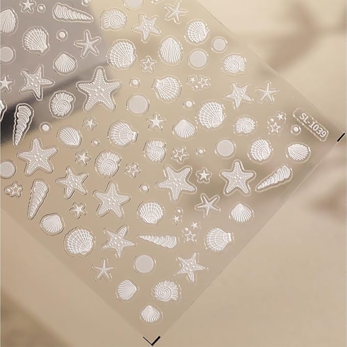 Summer Ocean Style 5D Embossed Dream Shell Starfish Jellyfish Beach Nail Stickers - DIY Nail Art Decorations for Summer Vacation A Set of 3 Sheets
