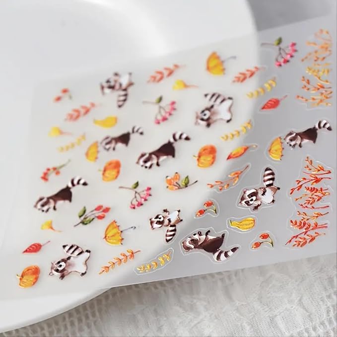 Fall Nail Art Stickers Decals Autumn Nail Decals 5D Embossed Raccoon Nails Stickers Maple Leaf Pumpkin Nail Art Supplies Fallen Leaves Animal Nail Decals for Women Thanksgiving Day Manicure Decoration