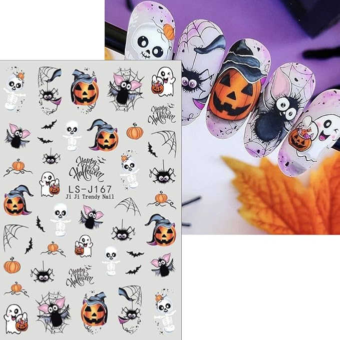 Halloween Nail Stickers Pumpkin Ghost Nail Art Stickers DIY Self Adhesive Nail Decals Cat Bat Mushroom Ghost Design Sticker Nail Decoration Supplies Holiday Manicure Accessories for Women Girls 6Pcs