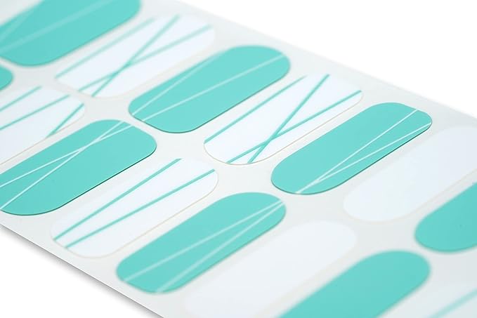 | 20 Exquisite Gel Nail Polish Strips w/Application Accessories - No UV/LED Lamp Required (Teal Matte & Glossy Lines)
