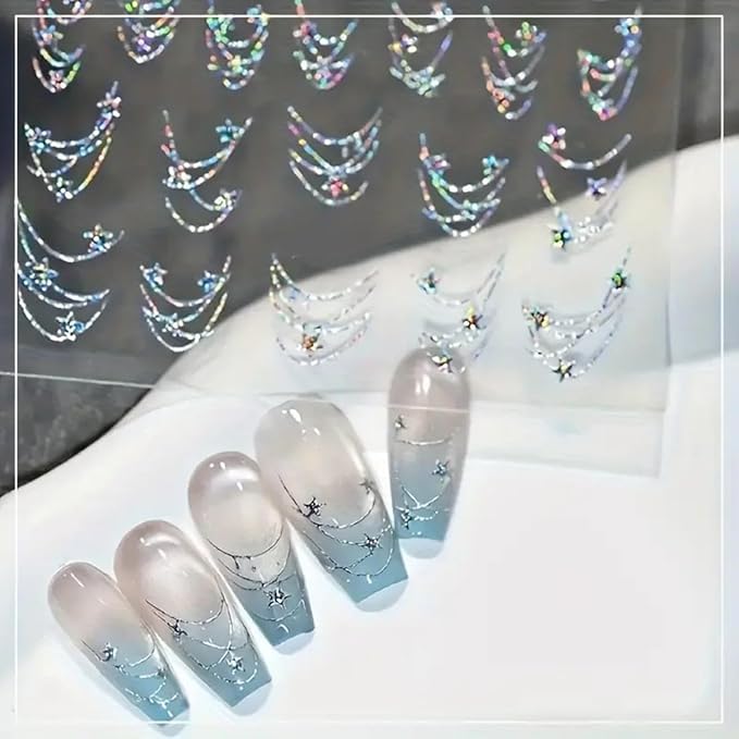 Star Chain Nail Art Stickers Decals Aurora French Star Chains Nail Stickers 1PCS Hot Stamping Silvery Stars Stripe Elegant Self-Adhesive Design Manicure Sliders Accessories for Women Nail Decorations