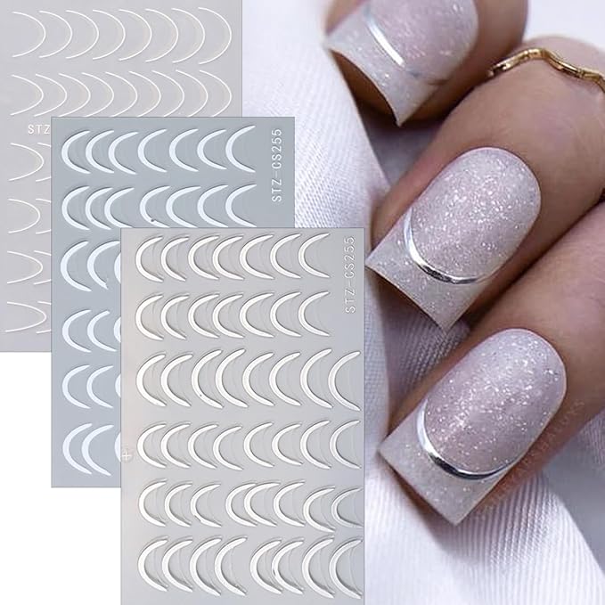 8 Pieces French Tip Line Nail Art Stickers 3D Simple Lines Nail Stickers Black White Gold Silver Metal Stripes Adhesive Decals Curved Gel Nail Art Polish Sliders Manicure Foils Decor Accessories