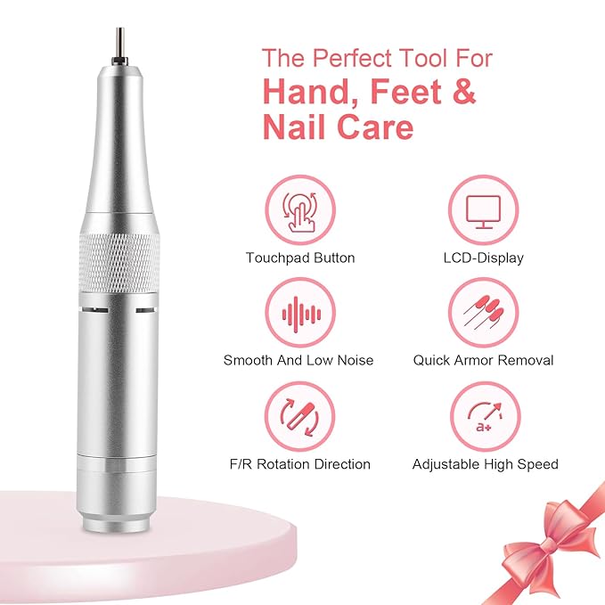 Electric 45000RPM Nail Drill Machine Rechargeable Portable Nail File Electric DIY Nail Drill Kit with Smart LCD Screen for Gel Nail Manicure and Pedicure Reflective Body etc (RED)