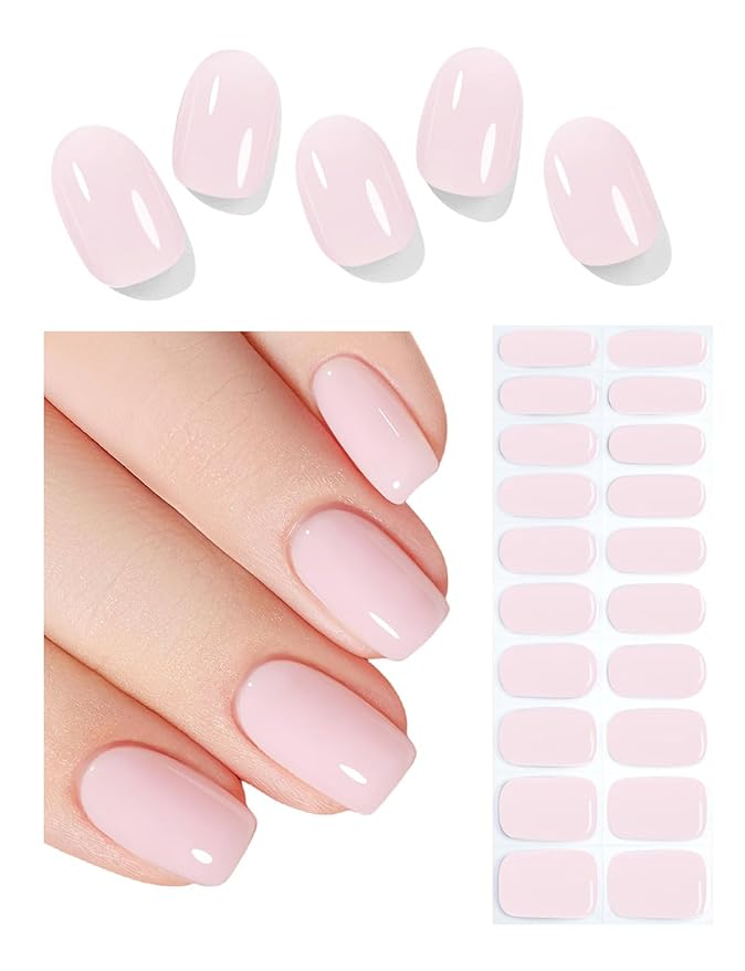 Semi Cured Gel Nail Strips, 20pcs Transparent Milky Pink, UV Cured Gel Nail Wraps for Home Nails DIY