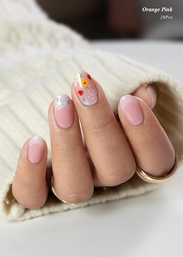 Semi Cured Gel Nail Strips (Orange Pink), Daisy, French Flower, 20 Pcs Gel Nail Wraps, Stickers, UV Light Required, Salon Quality, Long Lasting