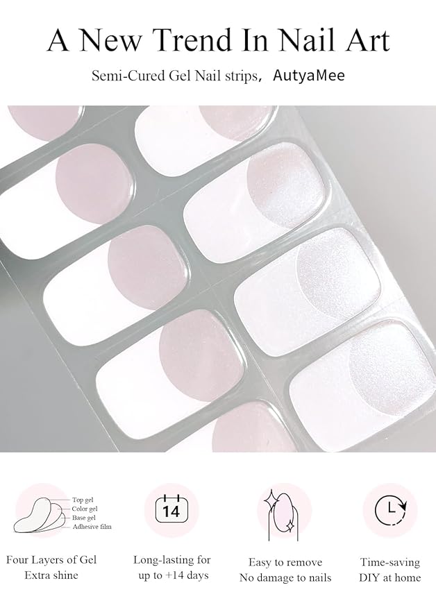 Semi Cured Gel Nail Strips (White French Chrome), Pearl, Glazed, 20 Pcs Gel Nail Wraps, Stickers, UV Light Required, Salon Quality, Long Lasting