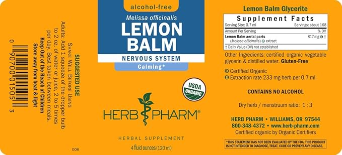 Herb Pharm Certified Organic Lemon Balm Liquid Extract for Calming Nervous System Support, Alcohol-Free Glycerite, 4 Ounce