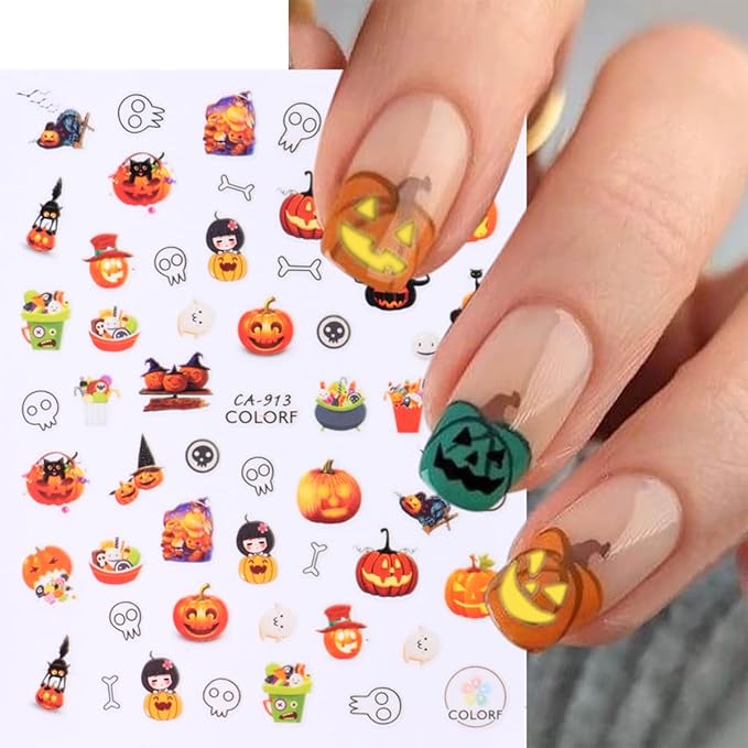 Halloween Nail Stickers for Nail Art 3D Cute Pumpkin Skull Ghost Nail Decals Spooky Design Witch Black Cat Gothic Nail Art Stickers Spider Web Halloween Nail Charms for Nail Decoration Supplies 8Pcs