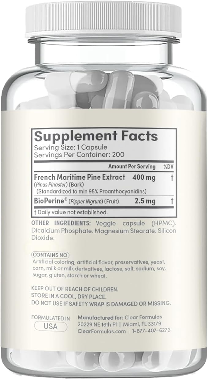 French Maritime Pine Bark Extract Capsules - Antioxidant French Pine Bark Extract Support Nitric Oxide and Testosterone for Men with 95% PACs & BioPerine for Enhanced Absorption (200 Servings)