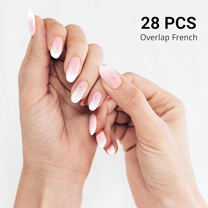 Semi Cured Gel Nail Strips, Overlap French | 28 pcs Gel Nail Stickers Wraps, Work with Any UV Lamp, Salon Quality, Easy to Apply for Home DIY