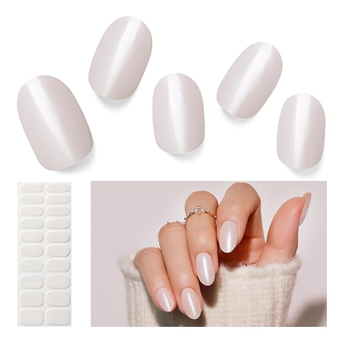 Semi Cured Gel Nail Strips, 20 PCS Gel Nail Stickers Work with UV Light, Salon Quality & Easy to Use - Pearly White