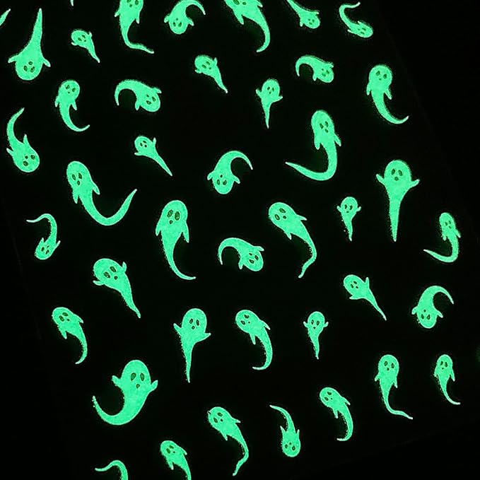 Halloween Ghost Nail Art Stickers Luminous Nail Stickers 6PCS Cute Ghost Bat Boo Halloween Nails Design 3D Self-Adhesive Nail Decals Nail Art Supplies Manicure Sliders for Women DIY Nail Decorations