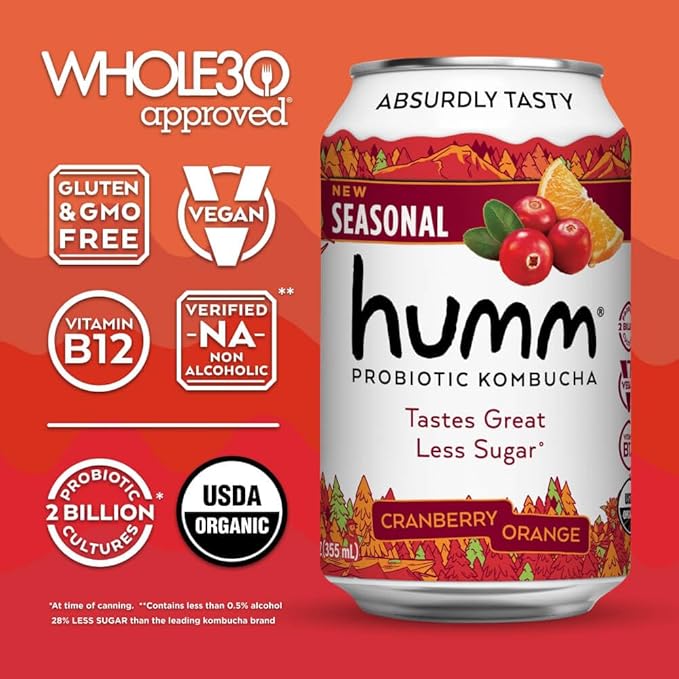 Humm Whole30 Approved Kombucha, Cranberry Orange, Organic, Vegan & GMO Free (24 Pack)