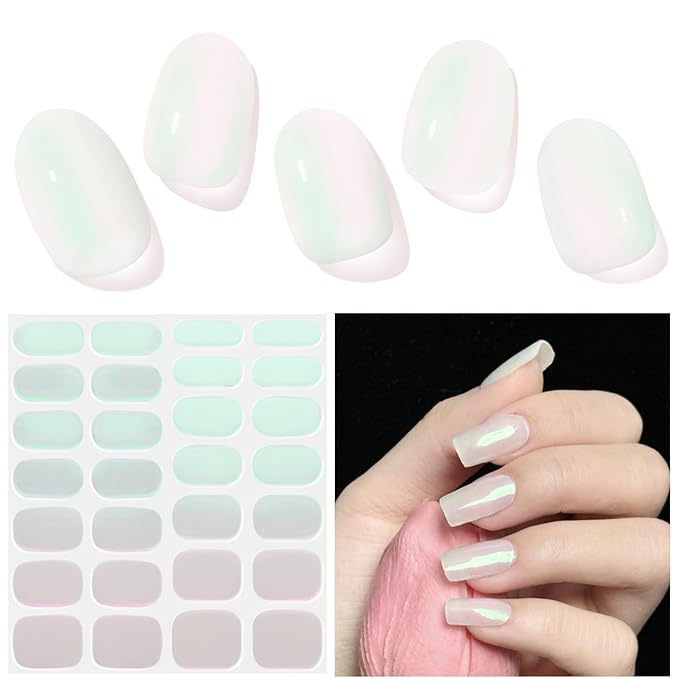 Semi Cured Gel Nail Strips, Aurora Green | 28 pcs Gel Nail Strips Work with Any UV Lamp, Salon Quality UV Nails Stickers, Easy to Apply for Home Nails DIY