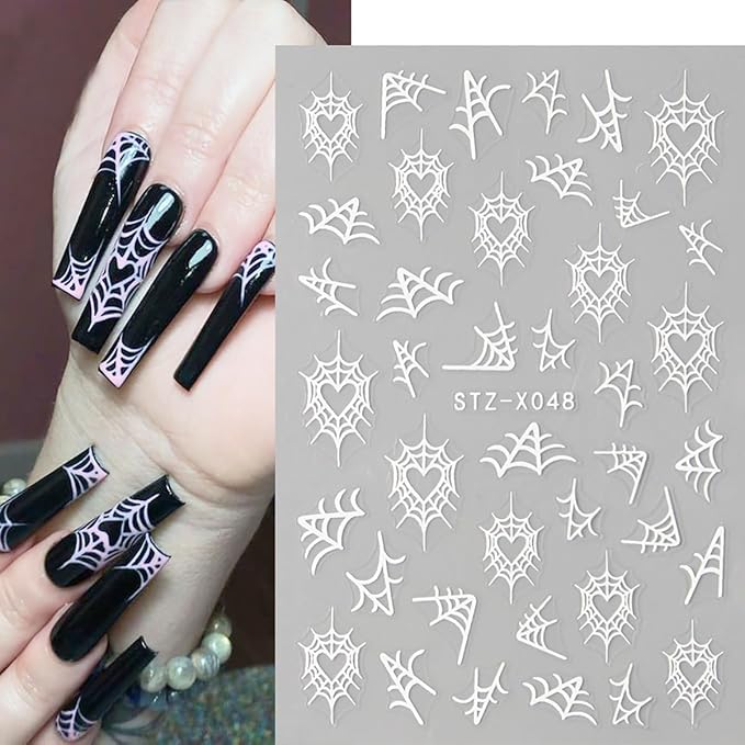 Spider Nail Art Stickers Black and White Spider Spider Web Nail Decals 3D Self-Adhesive Halloween Nail Sticker Spider Design Halloween Nail Art Decoration Holiday Nail Charms for Women 8 Sheets