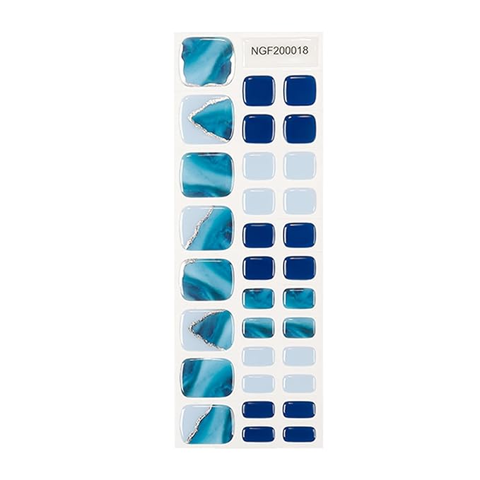 Semi Cured Gel Toenail Strips, 32 Blue Marble Gel Toenail Stickers - Works with Any UV Lamps Pedicure Strips Full Nail Wraps with Nail File & Wood Stick