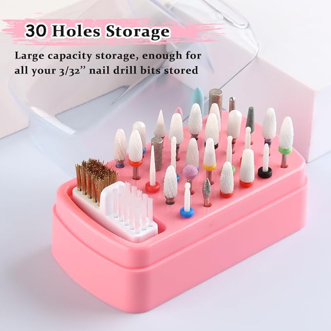 2 in 1 Nail Drill Bits Holder with Cleaning Brush, 30 Holes Dustproof Stand Display Organizer Storage Box , Cleaning Tungsten Carbide Ceramic Nail Drill Bits Cuticle Manicure Tools