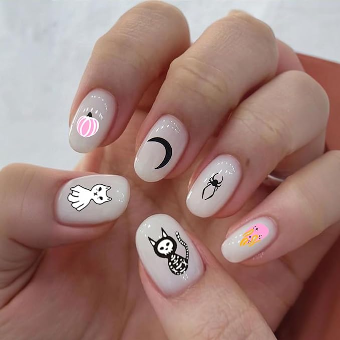 12 Sheets Halloween Nail Stickers - Pumpkin Nail Decals - Specter Cat Spider Web Bat Nail Decals for Nail Art Halloween - Spooky Nail Sticker Cosplay Party Supplies