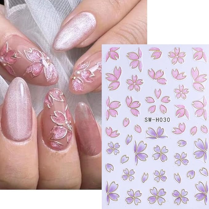 Flower Nail Stickers 3D Elegant Floral Nail Art Decal 6PCS 3D Self-Adhesive Japanese Style Colored Flowers Petals Nail Decals Flower Manicure Stickers Supply for Summer Fall DIY Nail Art Decorations