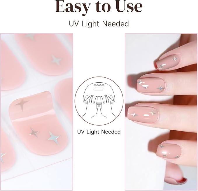 Semi Cured Gel Nail Strips | 4th of July Gel Nails Strips for Women Work with Any UV Lamp, Star Nail Stickers for Women Home DIY Nails Art (Aurora Star)